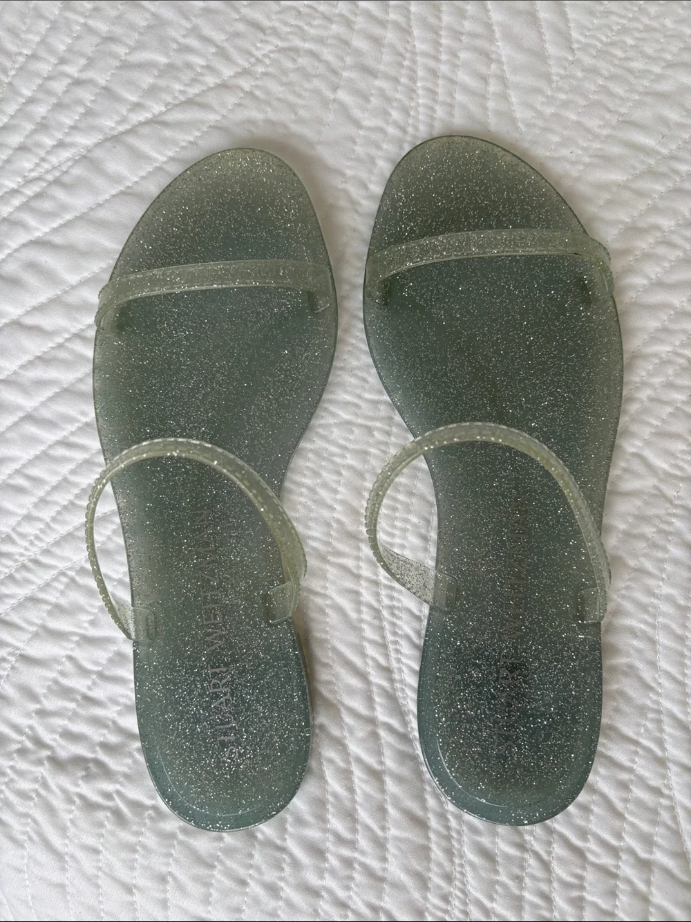 New Stuart Weitzman NWOT Jelly Sandals Slides Glitter Seafoam women’s size 7